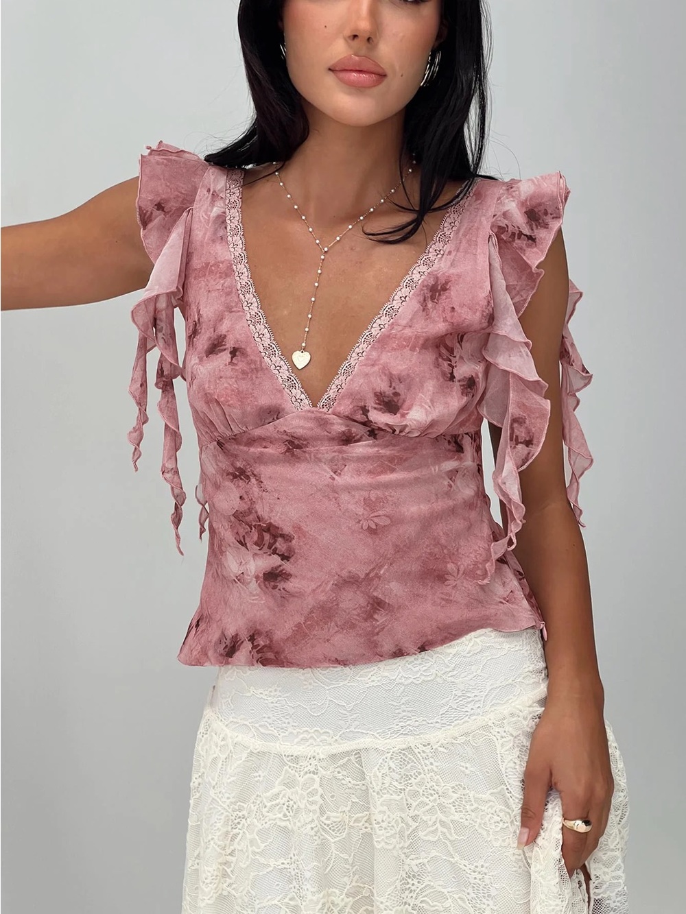 Princess Polly Mauve Floral Ruffle V-Neck Blouse